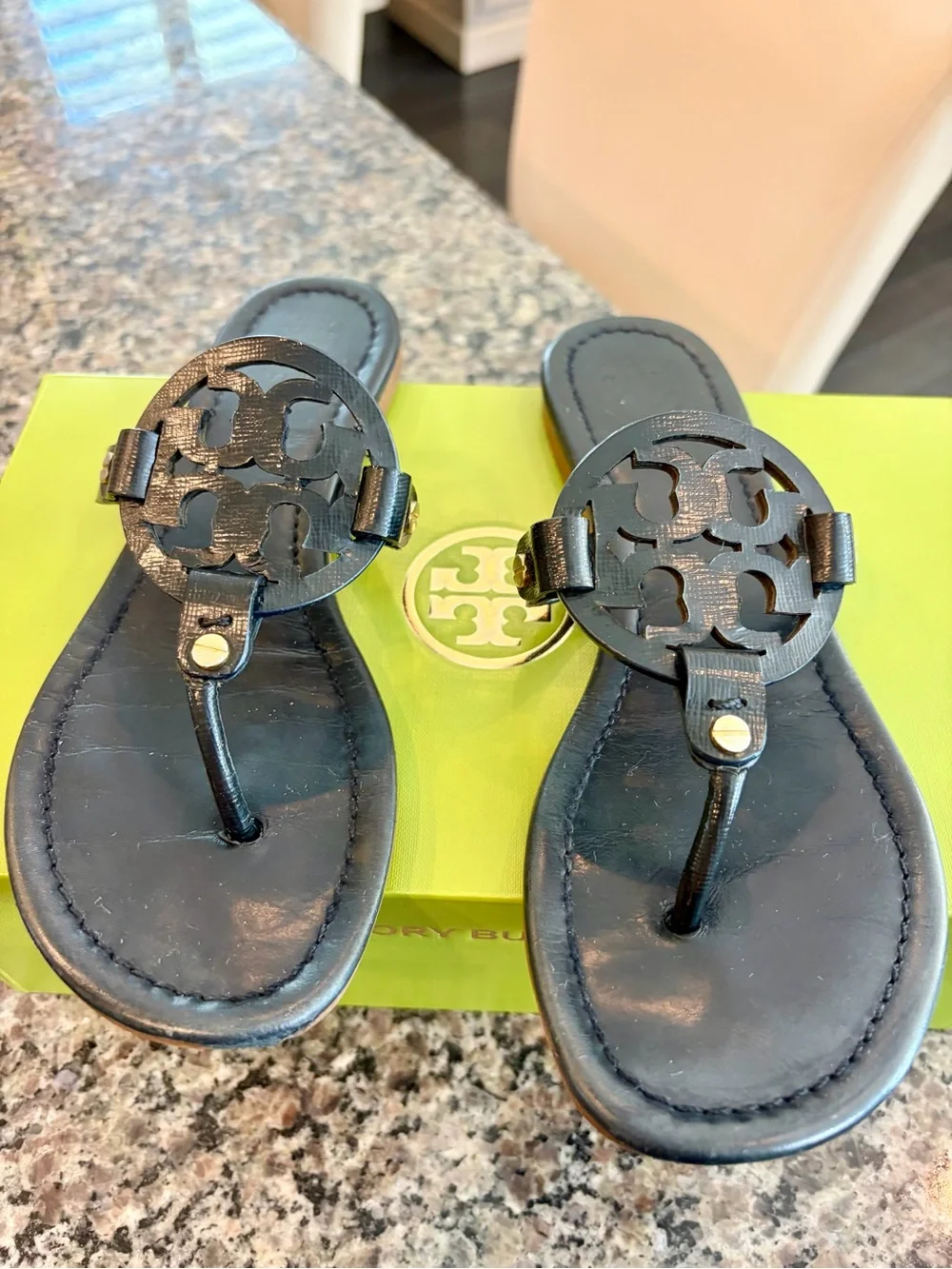 Tory Burch Black Leather Logo Thong Sandals